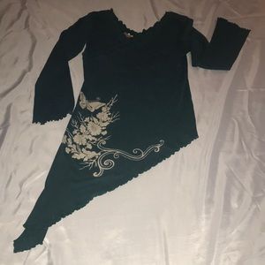 Gypsy Rose tunic asymmetrical top. Butterfly floral  design on hunter green.